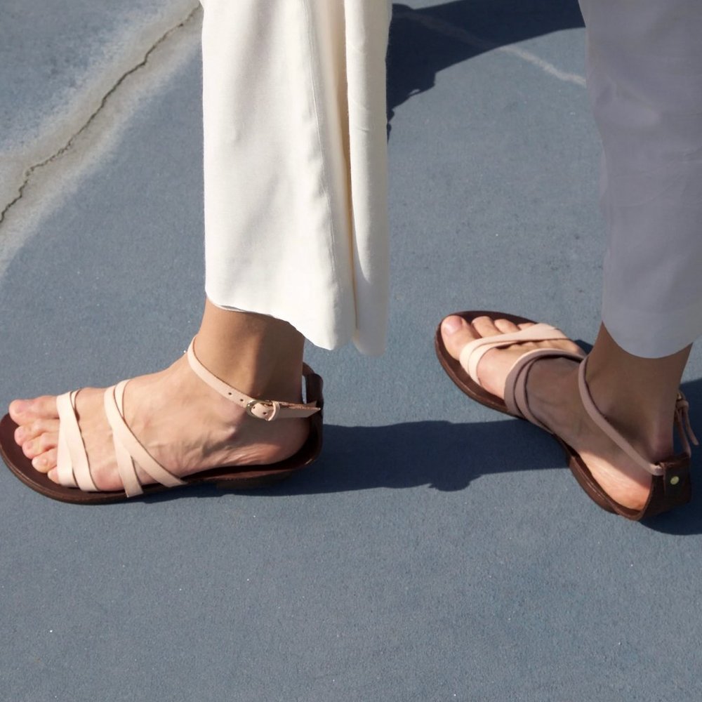 Minimal Leather Ankle-Strap Sandals in Blush